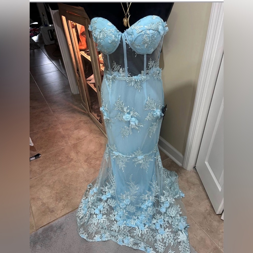 Light Blue Floral Lace Sheer Evening Gown